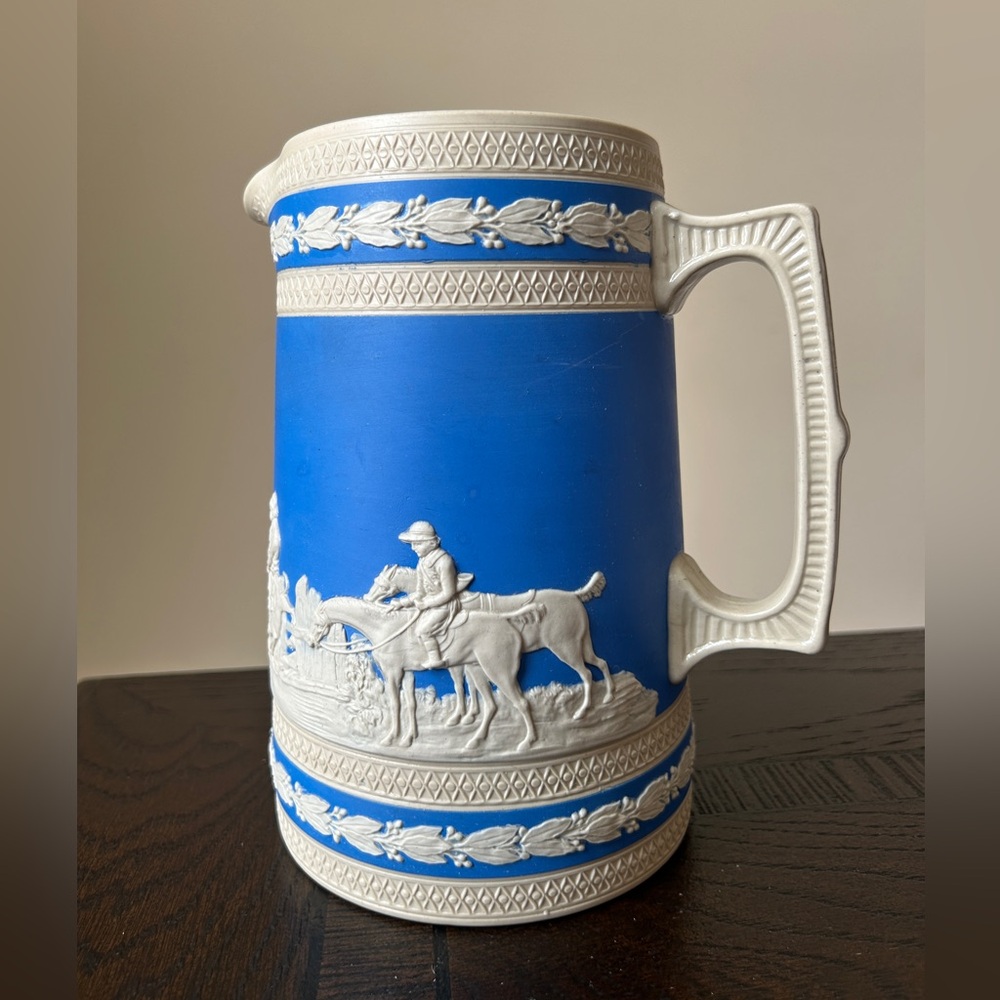 Antique Copeland Spode Jasperware Blue & White Fox Hunting Scene Pitcher  7.5”